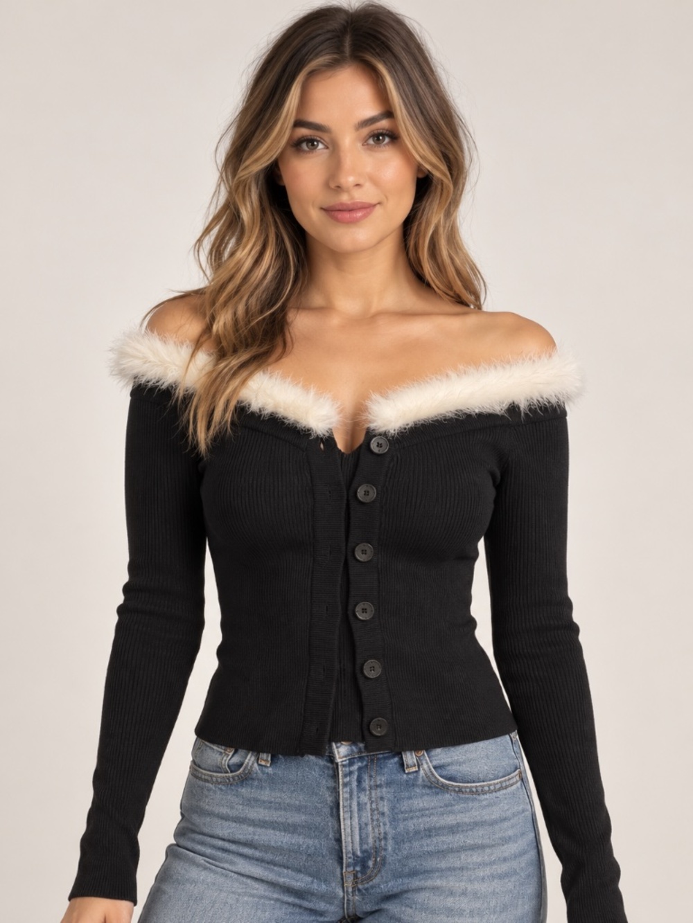 Black Ribbed Off Shoulder Cardigan with White Faux Fur Trim